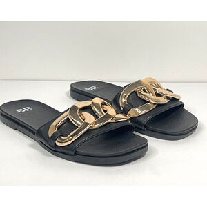 B.P. Women's Serrafina Slide Sandals Size 5.5 Black Flat Gold Chunky Chain